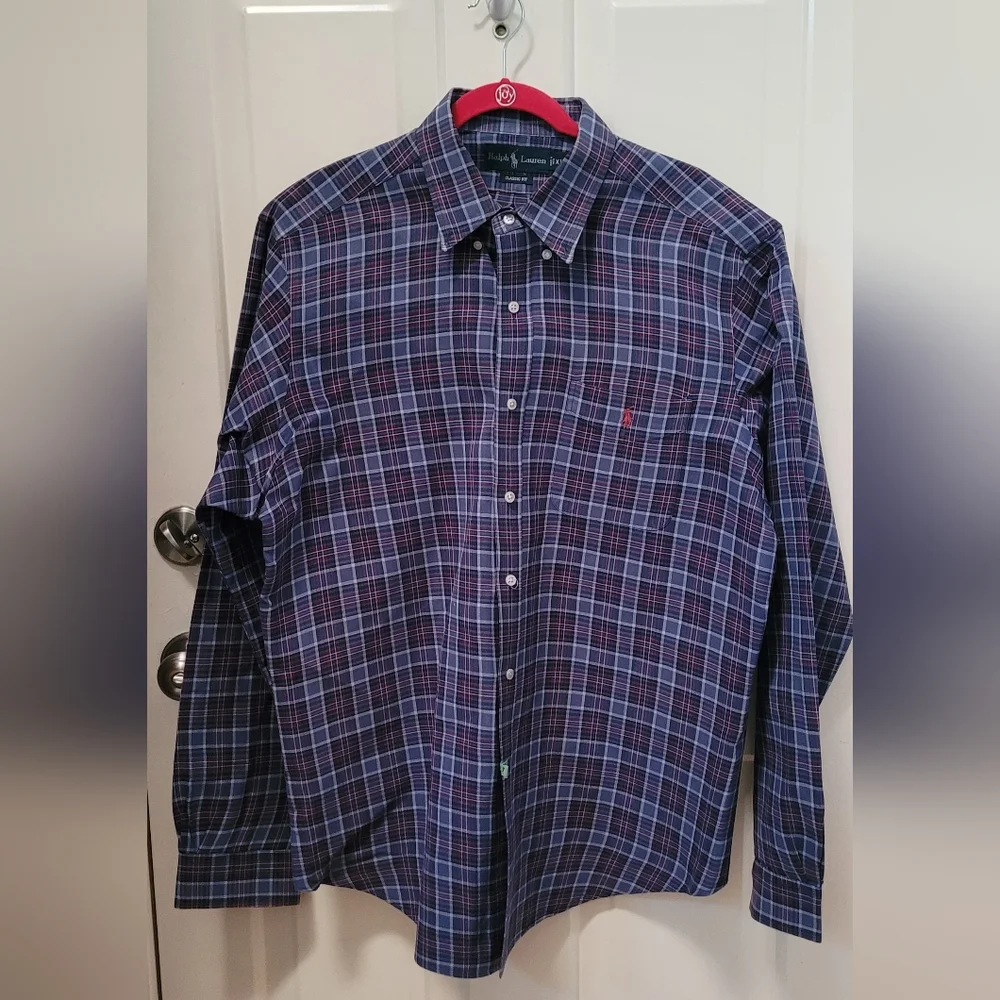 Ralph Lauren Men XL Classic Fit Plaid Blue and Maroon Long Sleeves Button Down - Picture 1 of 6